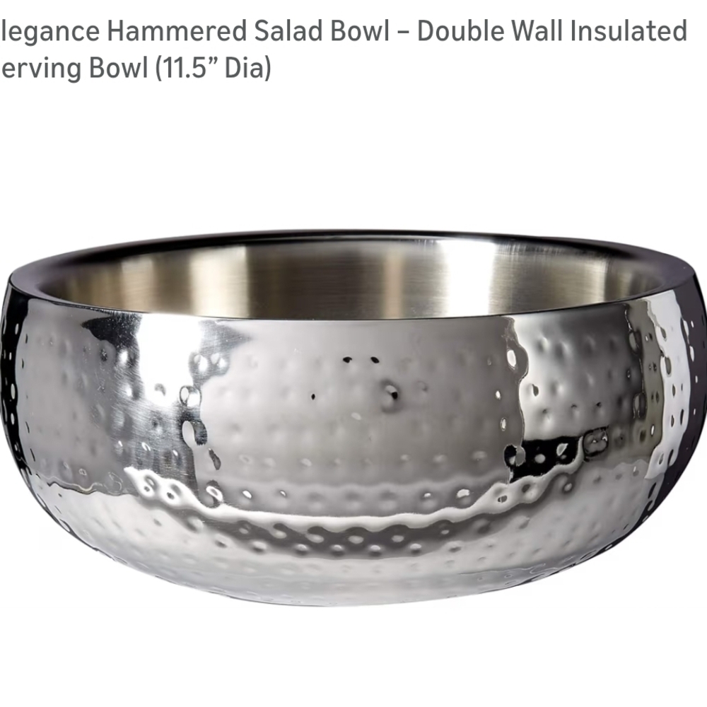 Hammered Salad Bowl - Silver Double Wall Insulated Serving Bowl